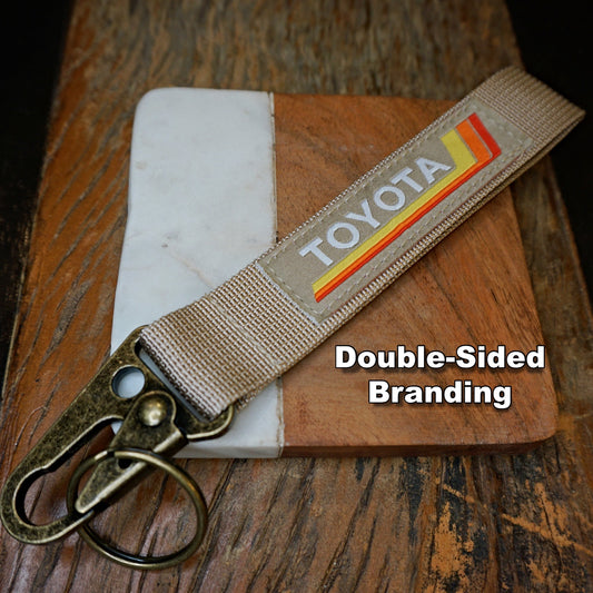 Vintage Heritage Stripes Keychain for Toyota, Tan, Antique Brass Metal Clip Accessory