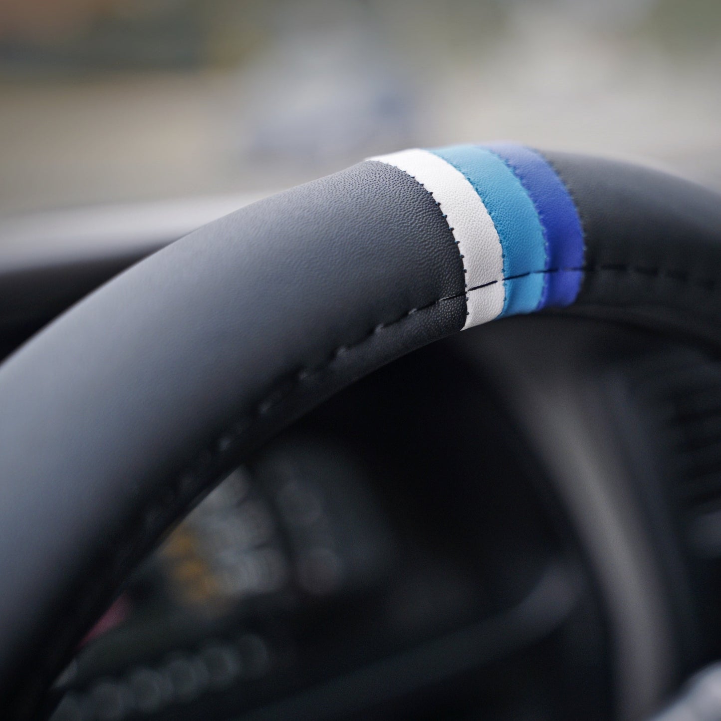 Blue Scheme Retro Stripes Steering Wheel Cover for TRD Toyota, 15 Inch, Leather