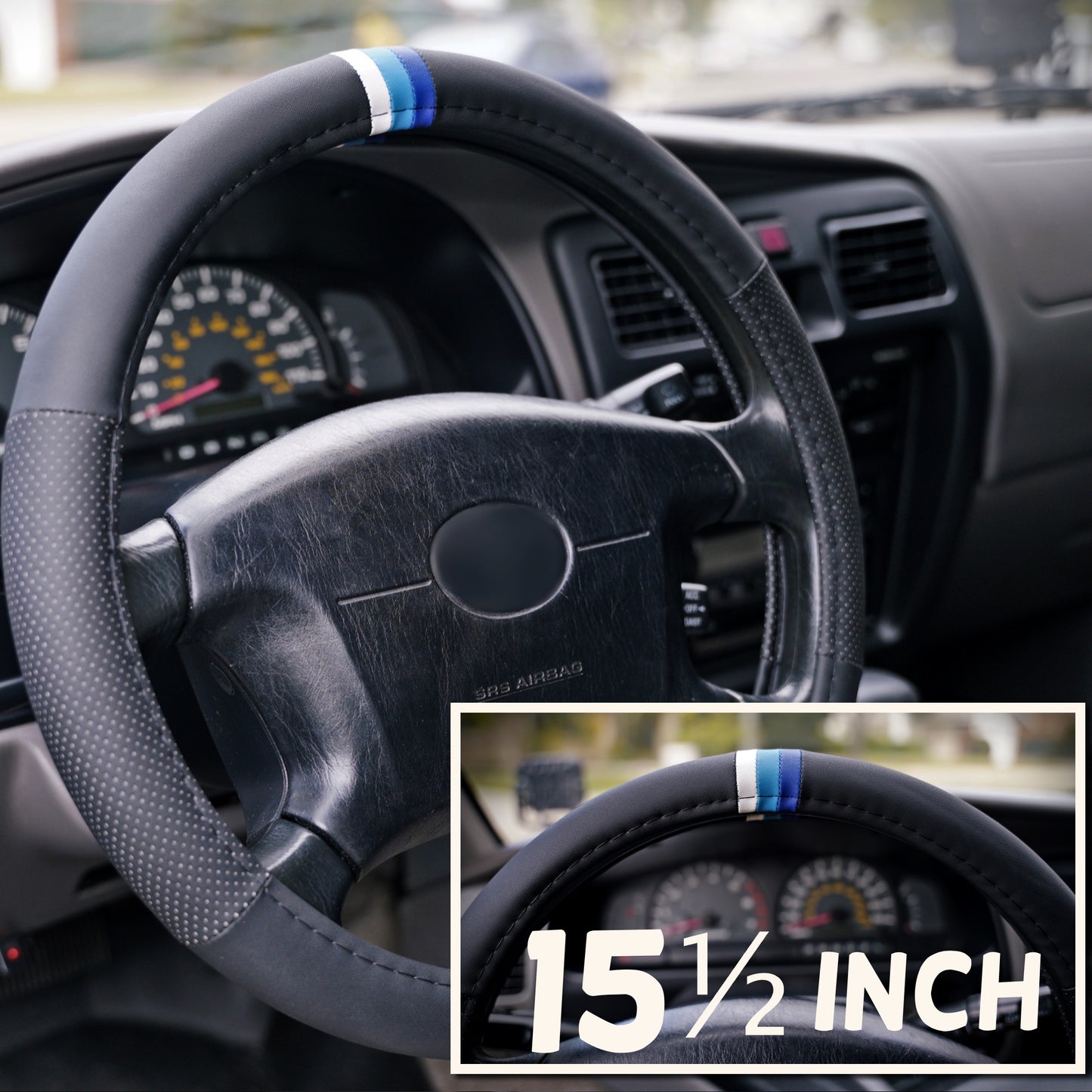 Blue Scheme Retro Stripes Steering Wheel Cover for TRD Toyota, 15 1/2 Inch, Leather