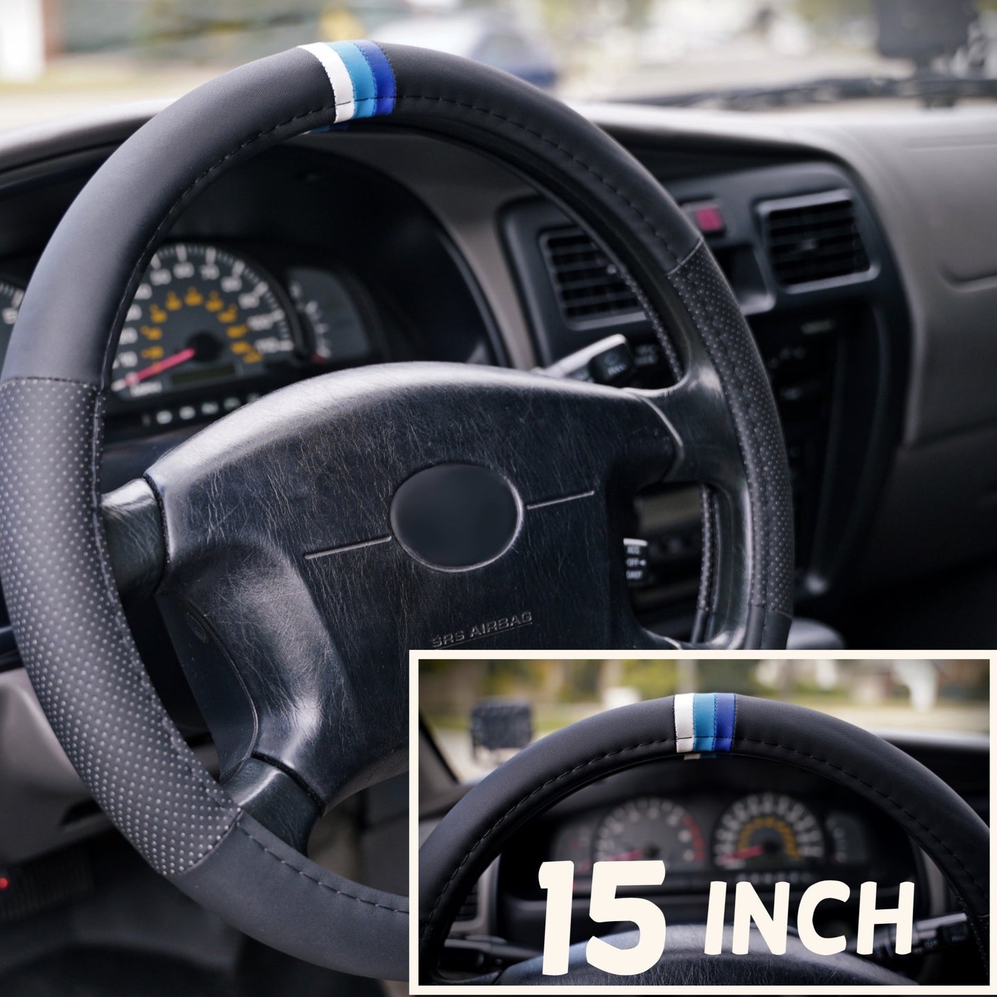 Blue Scheme Retro Stripes Steering Wheel Cover for TRD Toyota, 15 Inch, Leather